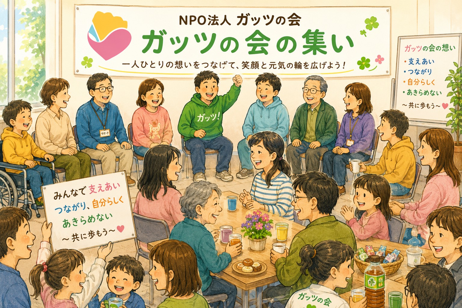 「ガッツの会」の集いで参加者が輪になって交流しているイラスト